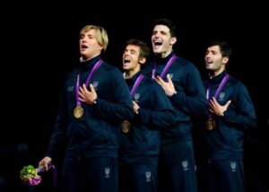 during the Men's Foil Team Fencing on Day 9 of the London 2012 Olympic Games at ExCeL on August 5, 2012 in London, England.